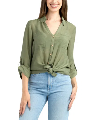 Bcx Women's Resort Gauzy Texture Collared Button Up Shirt In Green