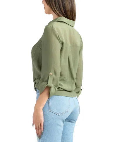 Bcx Women's Resort Gauzy Texture Collared Button Up Shirt In Green