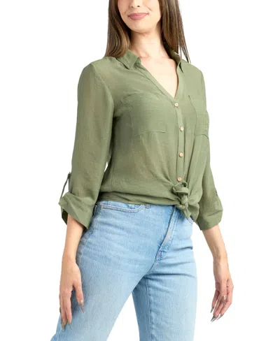 Bcx Women's Resort Gauzy Texture Collared Button Up Shirt In Green