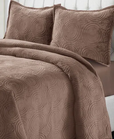 Tribeca Living Capri Medallion Velvet Oversized Solid 2 Piece Quilt Set, Twin In Brown