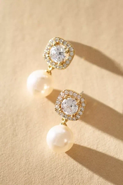 Nadri Cushion Crystal Halo Pearl Earrings In Gold