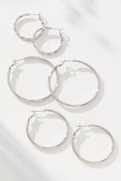 By Anthropologie Thin Hoop Earrings, Set Of 3 In Silver