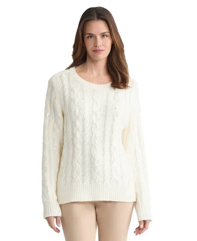 Jones New York Petite Sequin Cable Crew Neck Sweater In White