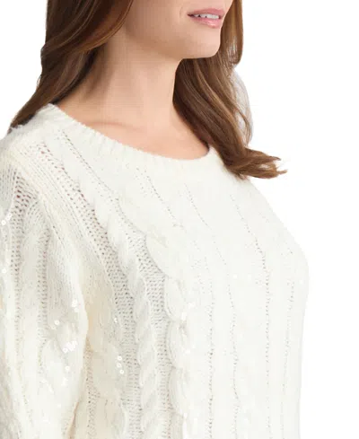 Jones New York Petite Sequin Cable Crew Neck Sweater In White