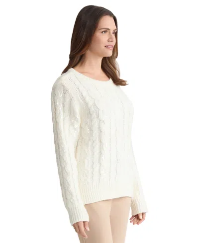 Jones New York Petite Sequin Cable Crew Neck Sweater In White