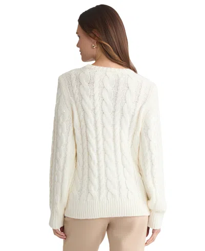 Jones New York Petite Sequin Cable Crew Neck Sweater In White