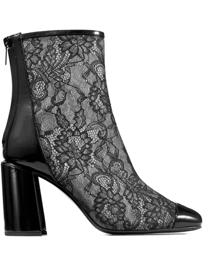 Jimmy Choo Kisu Ab 85 Patent Leather-trimmed Lace Ankle Boots In Black