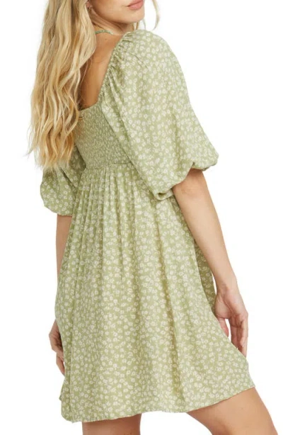 Billabong Ray Of Sun Floral Puff Sleeve Dress In Avocado