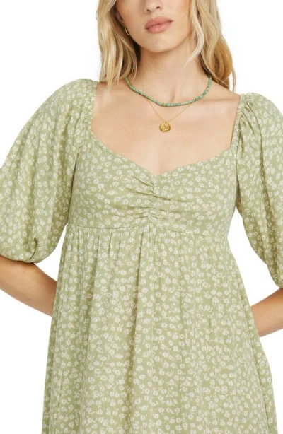 Billabong Ray Of Sun Floral Puff Sleeve Dress In Avocado