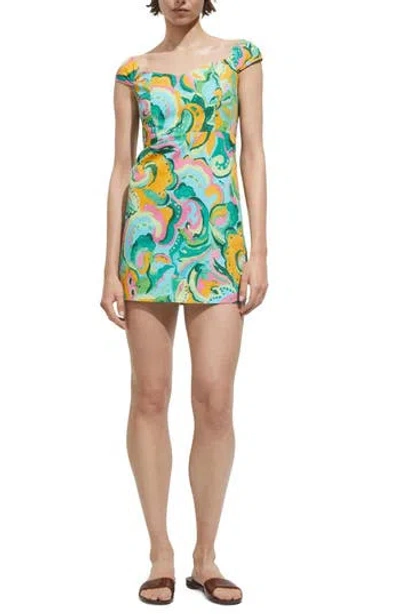 Mango Print Cap Sleeve Cotton Blend Minidress In Green