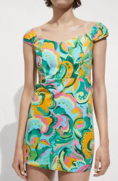 Mango Print Cap Sleeve Cotton Blend Minidress In Green