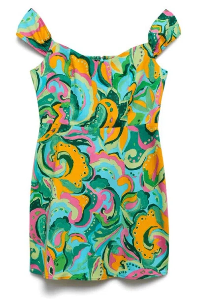 Mango Print Cap Sleeve Cotton Blend Minidress In Green