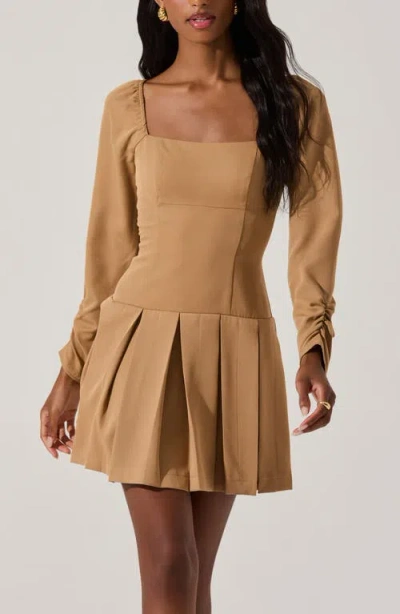Astr The Label Long Sleeve Pleated Minidress In Nude