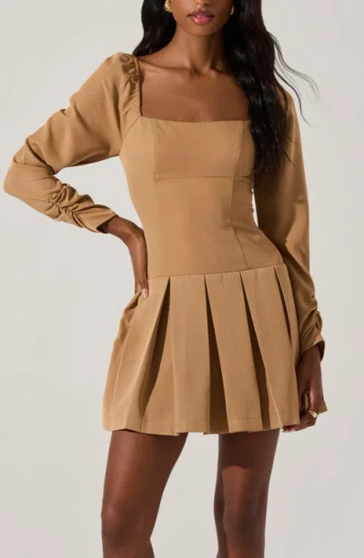 Astr The Label Long Sleeve Pleated Minidress In Nude