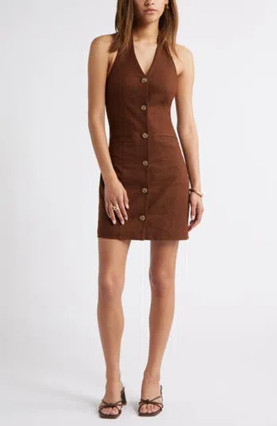 Open Edit Halter Linen Blend Minidress In Brown