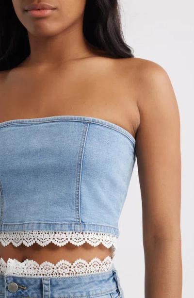 Ptcl Misty Lace Trim Strapless Denim Top In Brown