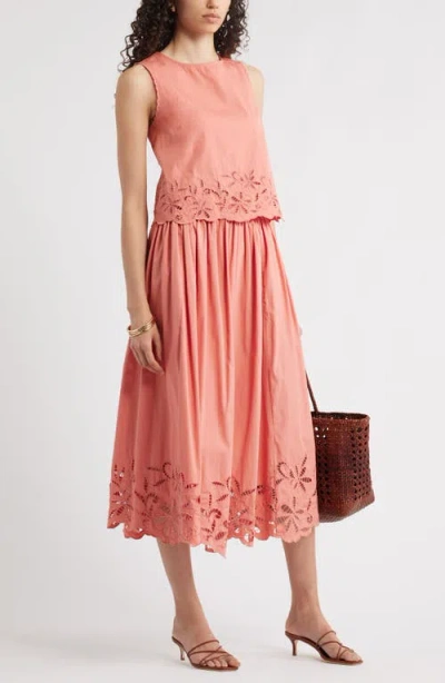 Nordstrom Schiffly Embrodiered Hem Cotton Midi Skirt In Orange