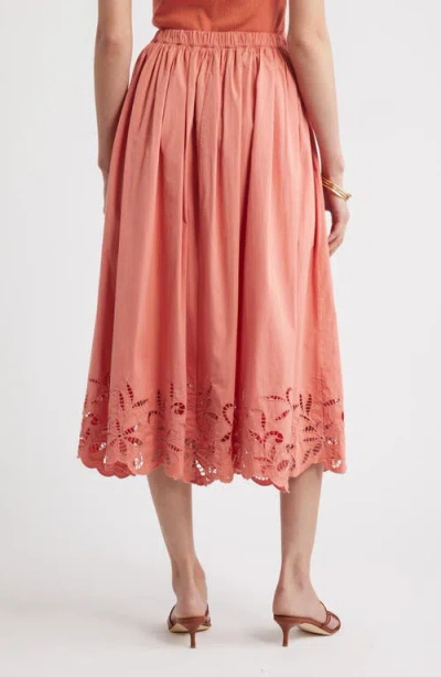 Nordstrom Schiffly Embrodiered Hem Cotton Midi Skirt In Orange
