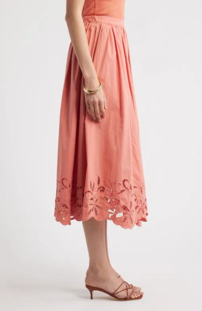 Nordstrom Schiffly Embrodiered Hem Cotton Midi Skirt In Orange