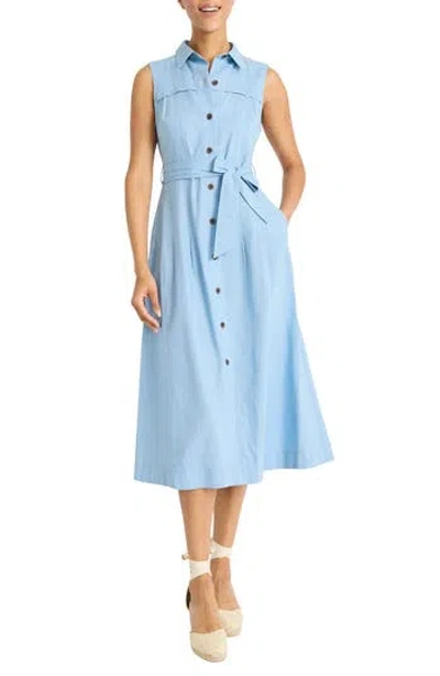 Maggy London Sleeveless Linen Blend Shirtdress In Blue