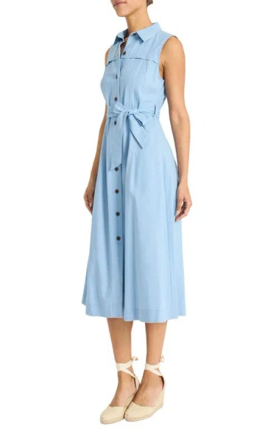 Maggy London Sleeveless Linen Blend Shirtdress In Blue