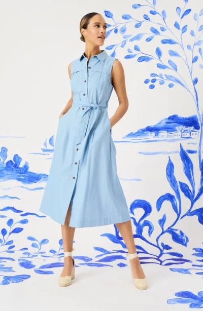 Maggy London Sleeveless Linen Blend Shirtdress In Blue
