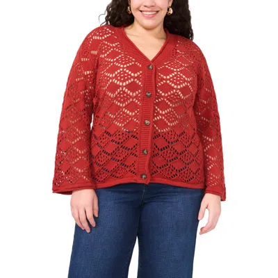 Vince Camuto Plus Size Pointelle Cotton Cardigan In Red