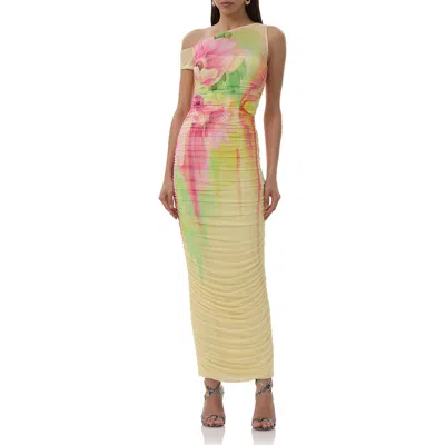Afrm Biona Printed One-shoulder Ruched Mesh Maxi Dress In Pink