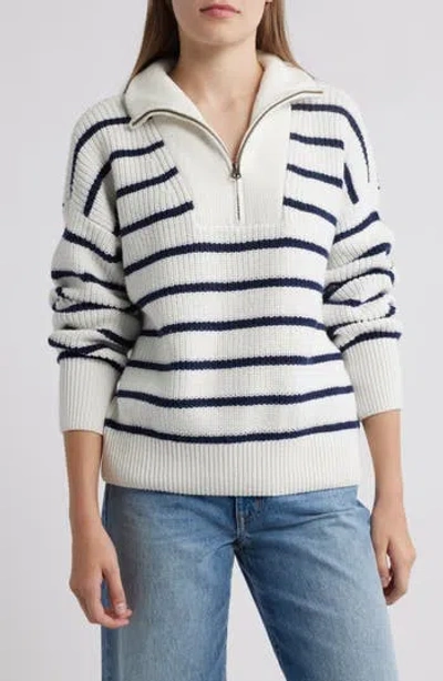 Faherty Mariner Stripe Quarter Zip Sweater In White