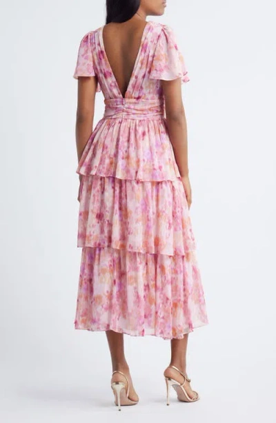 Lulus Eva Short Sleeve Tiered Chiffon Midi Dress In Pink