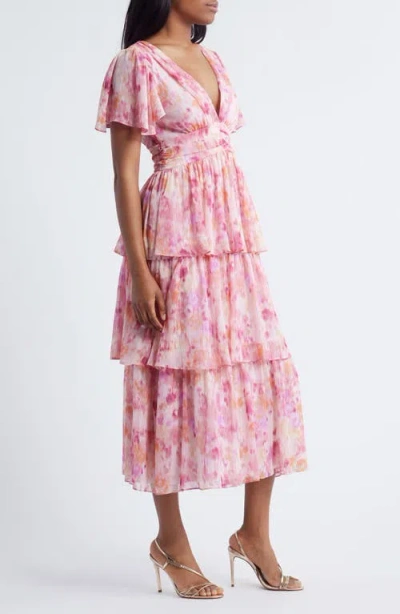 Lulus Eva Short Sleeve Tiered Chiffon Midi Dress In Pink