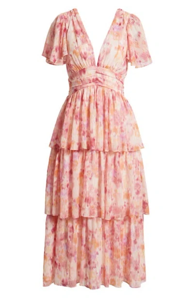 Lulus Eva Short Sleeve Tiered Chiffon Midi Dress In Pink