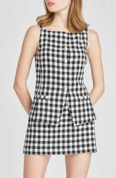 Wayf Gracie Gingham Linen Blend Button-up Vest In Black