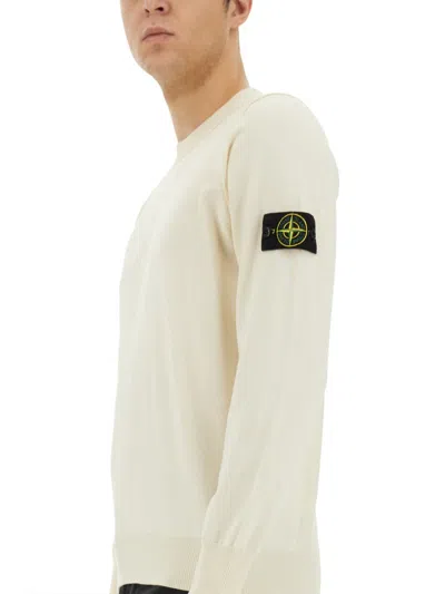 Stone Island Ivory Ribbed Knit Sweater With Crew Neckline In Brown