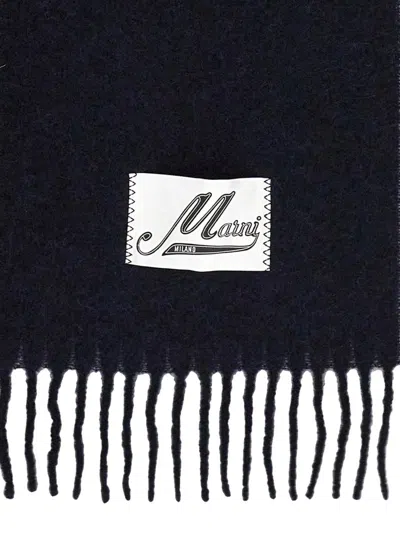 Marni Mens Blublack Brand-patch Fringed Wool-blend Scarf In Blue