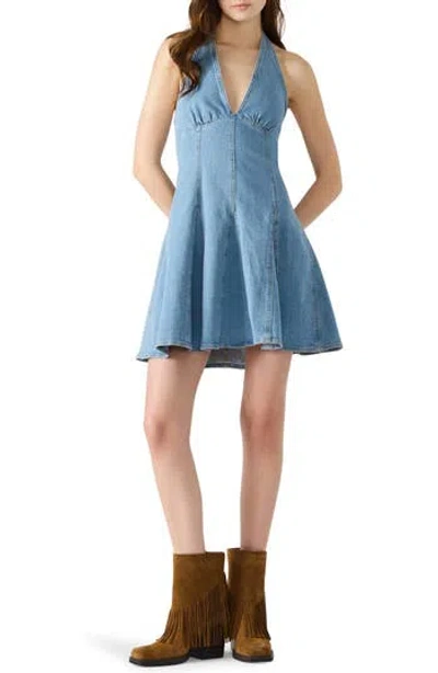 Steve Madden Malia Light Wash Halter Skater Mini Dress In Blue
