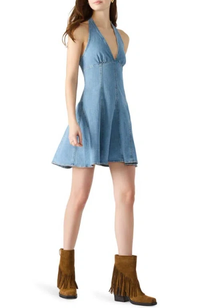 Steve Madden Malia Light Wash Halter Skater Mini Dress In Blue