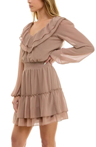 Socialite Long Sleeve Tiered Ruffle Minidress In Brown