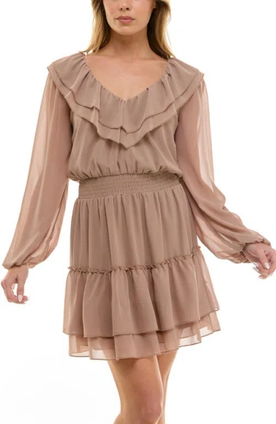 Socialite Long Sleeve Tiered Ruffle Minidress In Brown