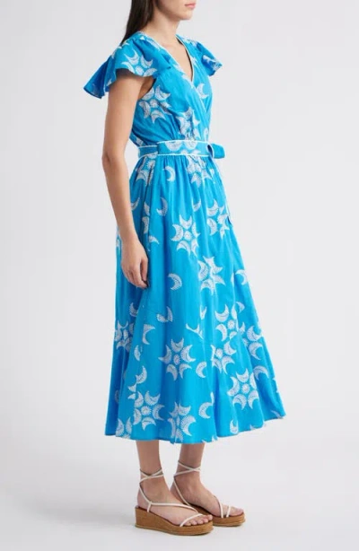 Ciebon Evelyn Embroidered Side Tie Cotton Wrap Dress In Blue