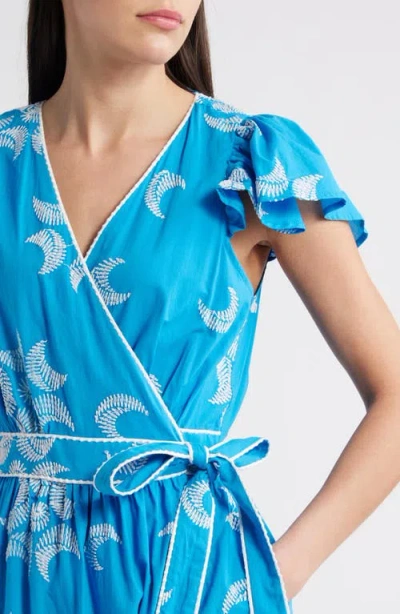 Ciebon Evelyn Embroidered Side Tie Cotton Wrap Dress In Blue