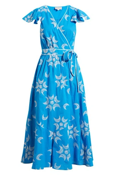 Ciebon Evelyn Embroidered Side Tie Cotton Wrap Dress In Blue