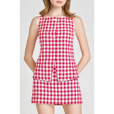Wayf Gracie Gingham Linen Blend Button-up Vest In Red