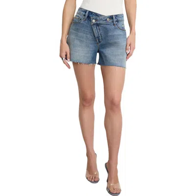 Good American Good Girlfriend Raw Hem Crossover Waist Denim Shorts