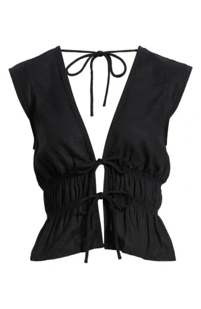 Wayf Clara Tie Front Linen Blend Top In Black