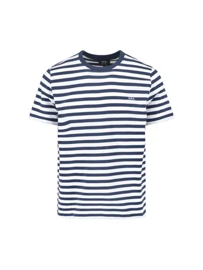 Apc A.p.c. Men Blue T-shirt With Striped Motif And Logo Embroidered On The Front In Cotton Man In White