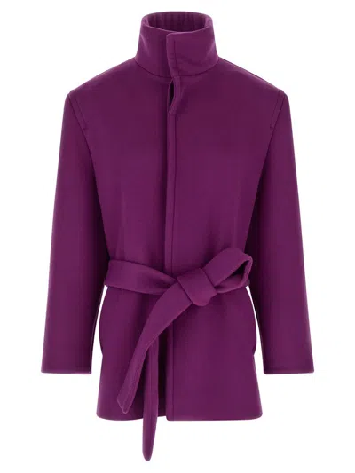 Saint Laurent Wool Coat With Belted Waist And High Collar In Purple