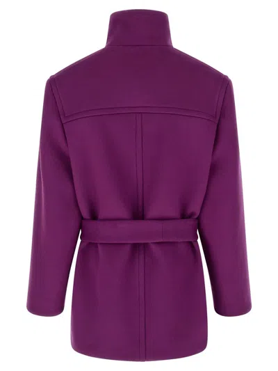Saint Laurent Wool Coat With Belted Waist And High Collar In Purple