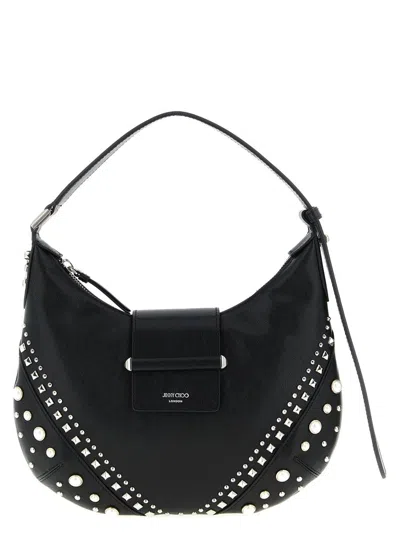 Jimmy Choo Small Bar Hobo Pearl-embellished Leather Shoulder Bag In Black