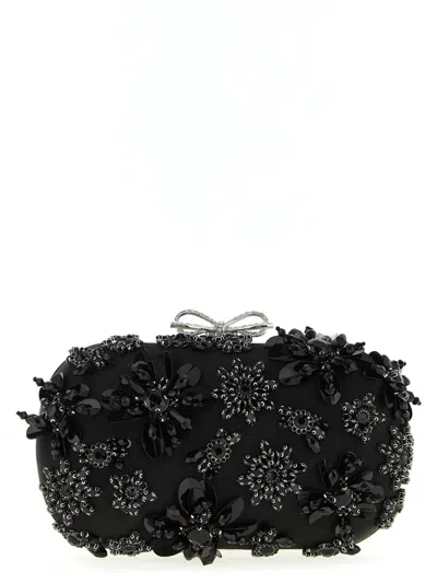 Self-portrait 'black Satin Floral Crystal' Clutch In Black